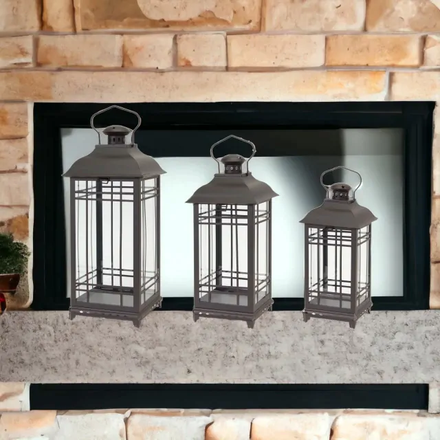 Set Of Three Brown Flameless Floor Lantern Candle Holder Set Of Three Brown Flameless Floor Lantern Candle Holder