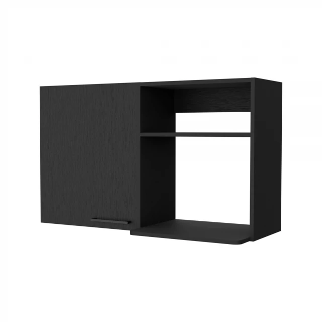 Black accent cabinet shelves in a house setting with rectangle table and cabinetry details