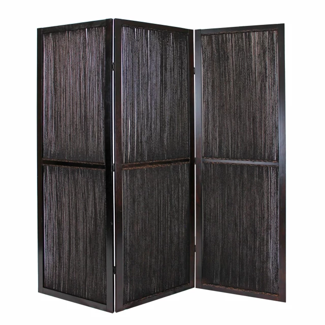Water hyacinth panel room divider screen in a wooden finish with shelving features