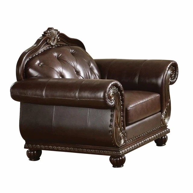 Black grain leather tufted armchair with comfortable armrests and elegant tufted design