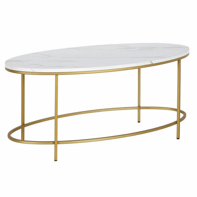 Faux marble steel oval coffee table with dishware and serveware on top