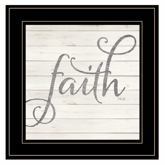Faith black framed print wall art featuring elegant handwriting and artistic patterns
