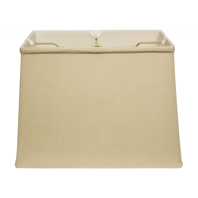 Pale brown throwback rectangle linen lampshade with a wood handle and metal accents