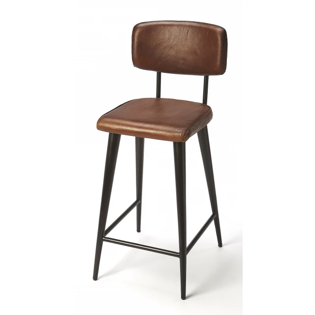 Brown black iron bar chair with wood stain and metal frame