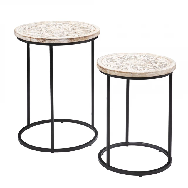 Solid wood iron square end table with artful design in a home setting