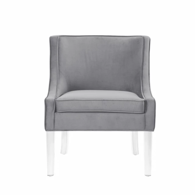 light gray clear velvet barrel chair with wood armrests and comfortable rectangle seat