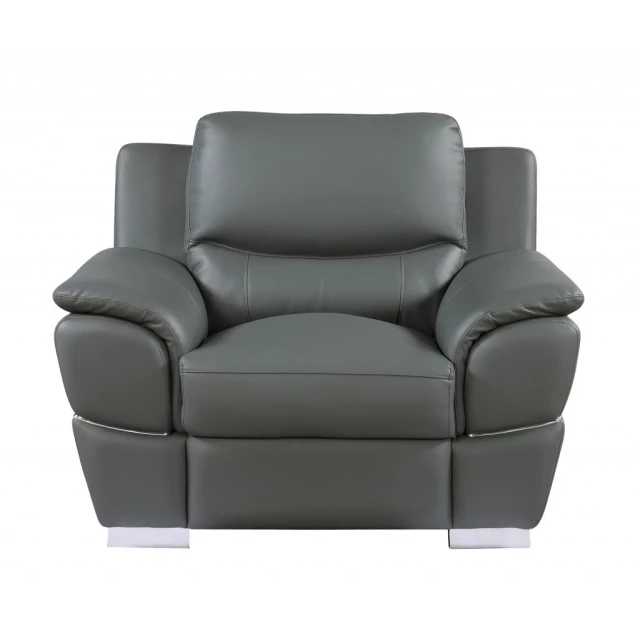 Gray silver leather match arm chair with comfortable rectangle cushion and armrests