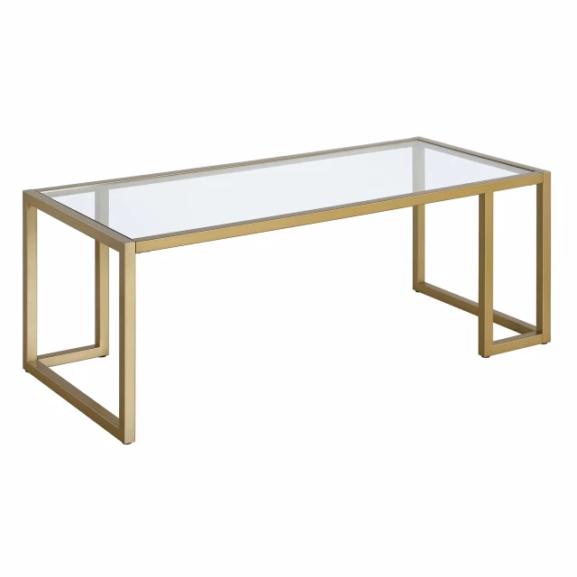 Gold glass steel coffee table with wood stain finish and rectangular design