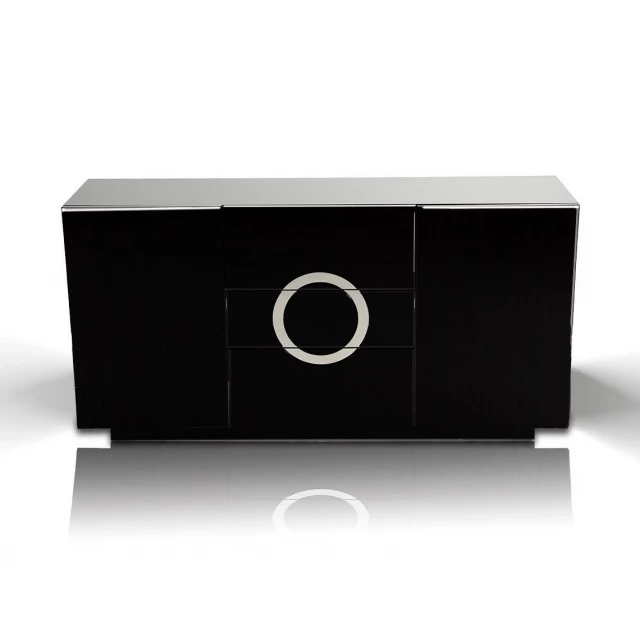 Black lacquer MDF buffet with doors and drawers featuring electronic and audio equipment elements