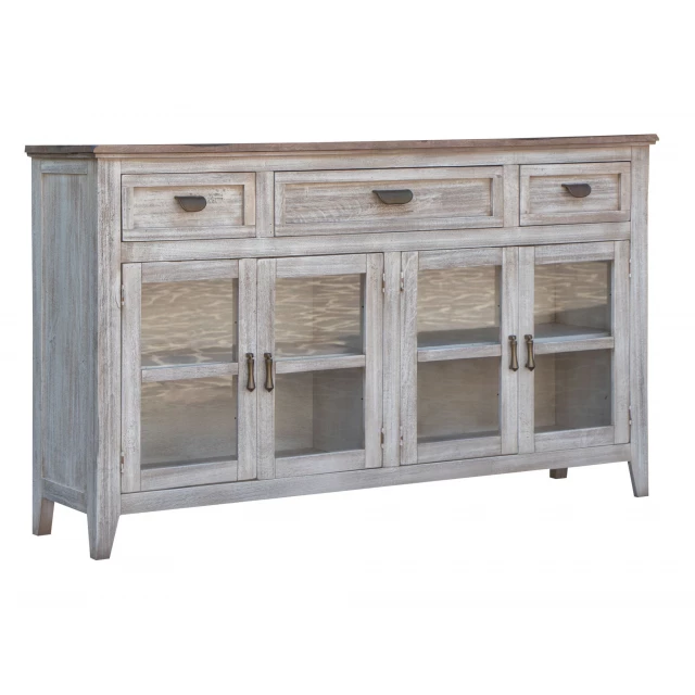 White solid manufactured wood distressed credenza with cabinetry shelves and drawers