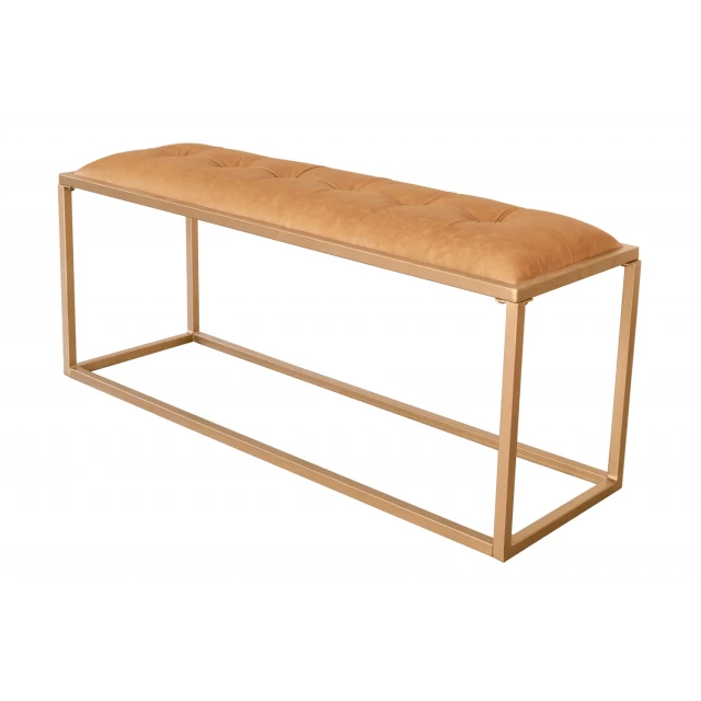 Brown gold upholstered bedroom bench with wood stain finish and hardwood shelf details