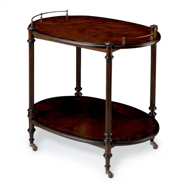Plantation cherry tea server on hardwood with wood stain in outdoor setting