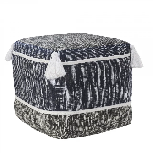 Blue polyester ottoman resembling a wicker laundry basket with storage capability