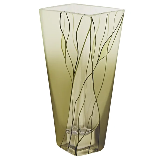 9 Mouth Blown European Made Green Glass Hand Decorated Vase