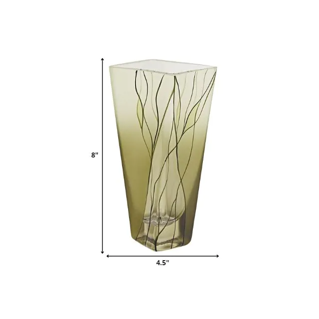 9 Mouth Blown European Made Green Glass Hand Decorated Vase