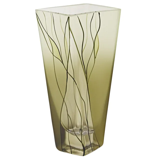 9 Mouth Blown European Made Green Glass Hand Decorated Vase