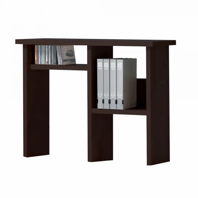espresso writing desk with wood shelving and rectangular design