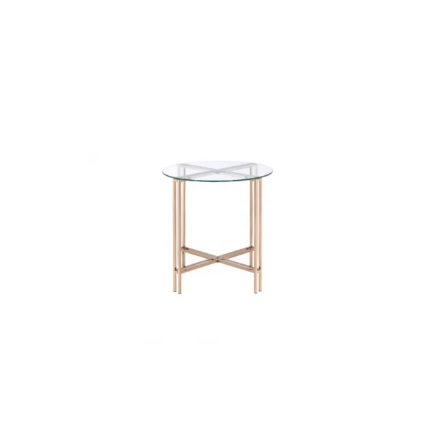 Clear glass and metal round end table with wood and serveware elements