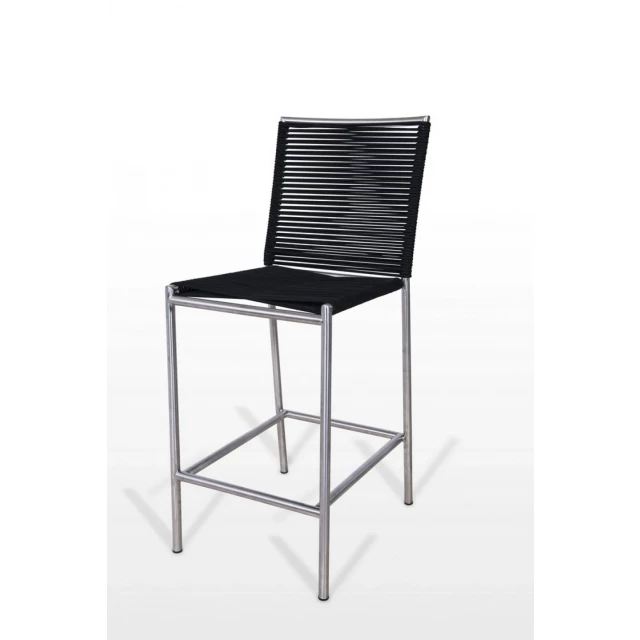 Stainless steel bar height chair with armrests in outdoor furniture style combining wood and metal elements