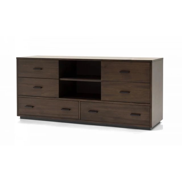 walnut six drawer double dresser in a well-lit room setting