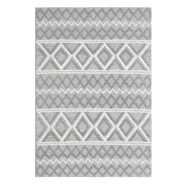 gray geometric dhurrie area rug with symmetrical pattern in grey beige and brown