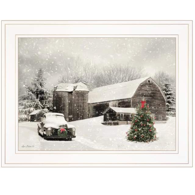 Christmas white framed print wall art with snowy tree and festive decorations