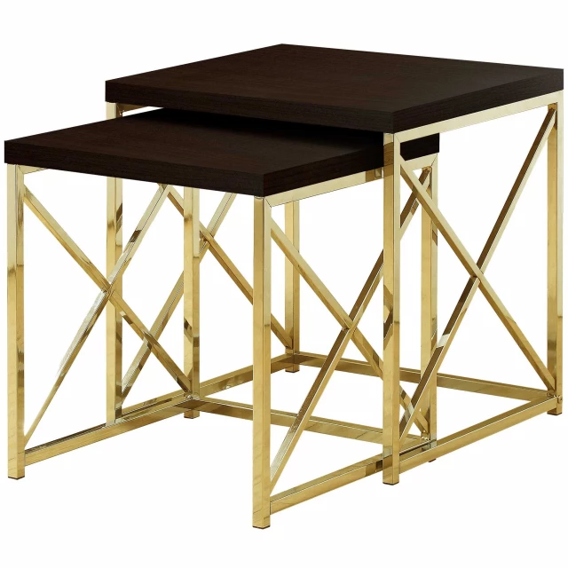 Gold brown nested tables set furniture with wood stain finish and triangle table design