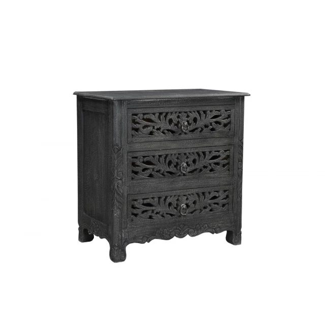 Solid wood nightstand with floral carving and metal accents