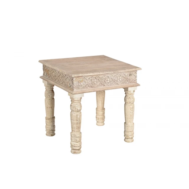 White solid wood end table for outdoor and indoor use with rectangular top and bench-like design