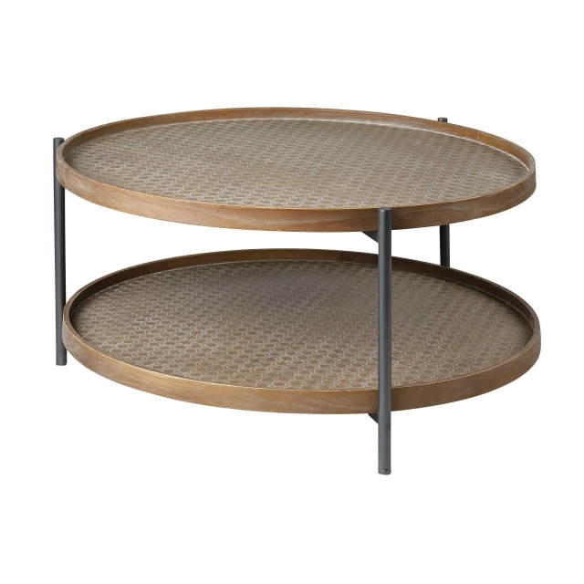 Wood and metal frame tier coffee table with shelves in a rectangle shape