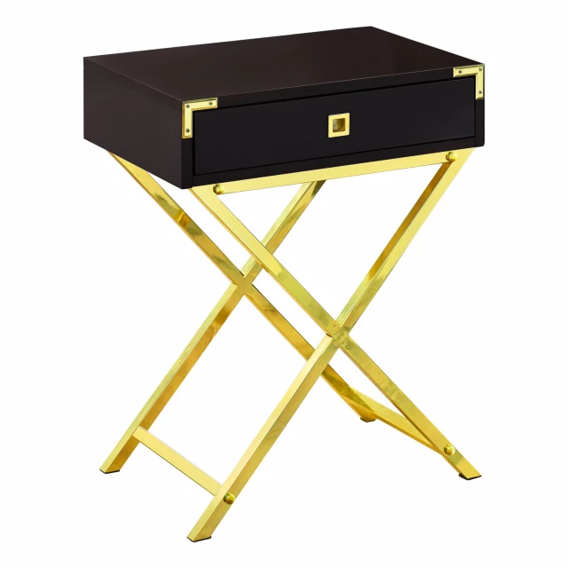 Gold dark brown end table with drawer featuring wood rectangle design and metal accents