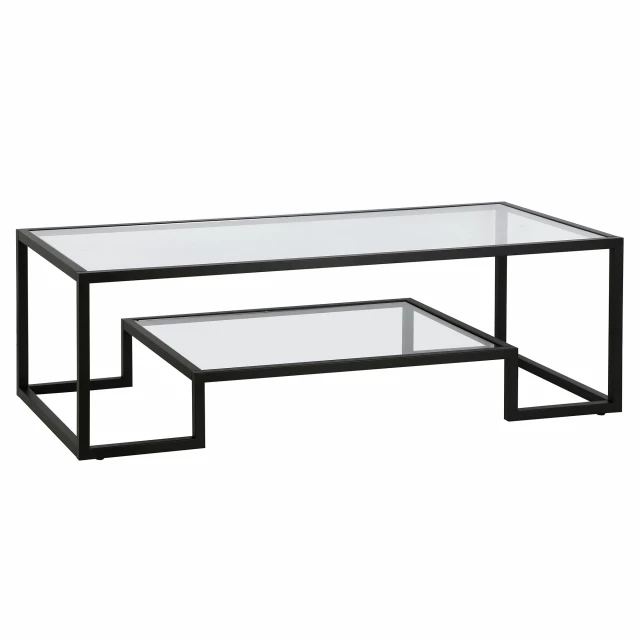 Black glass steel coffee table with shelf and wood plank design