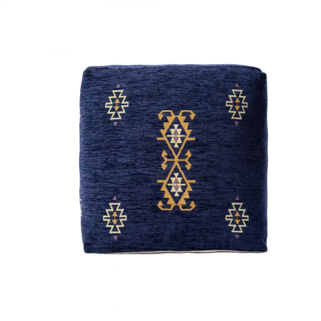 Blue polyester blend ottoman with electric blue pattern and artistic symbol design