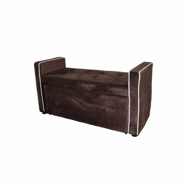 Brown suede shoe storage bench with drawer and wood accents