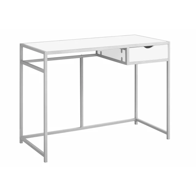 white silver computer desk with rectangular plywood surface and modern design