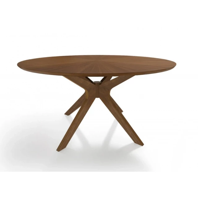 Walnut round sunburst veneer dining table with wood stain and hardwood finish