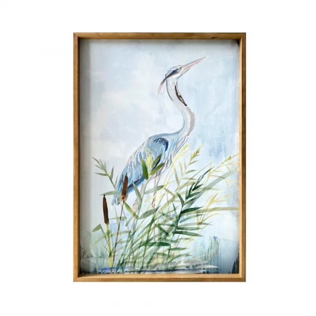 Heron wooden framed canvas wall art featuring bird with detailed feathers and plant accents