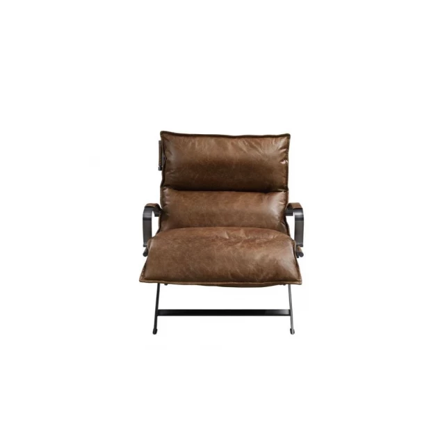 Brown grain leather steel lounge chair with wood armrests and comfortable rectangle club chair design