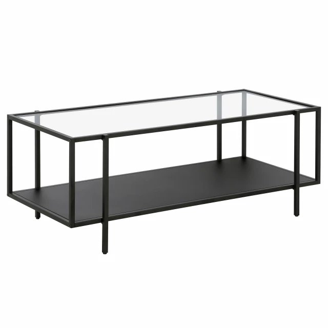 Black glass steel coffee table with shelf and modern plywood metal design