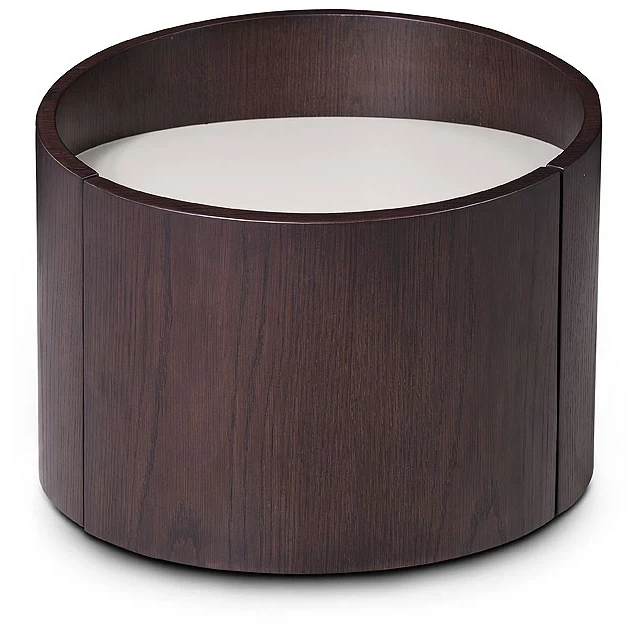 Modern brown oak finish end table with wood texture and metal accents