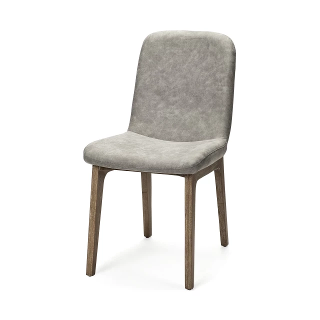 Gray brown upholstered fabric side chairs with wood armrests and hardwood flooring