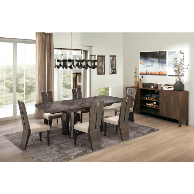 Seven gray dining chairs around a wooden table in a well-lit room with interior design elements