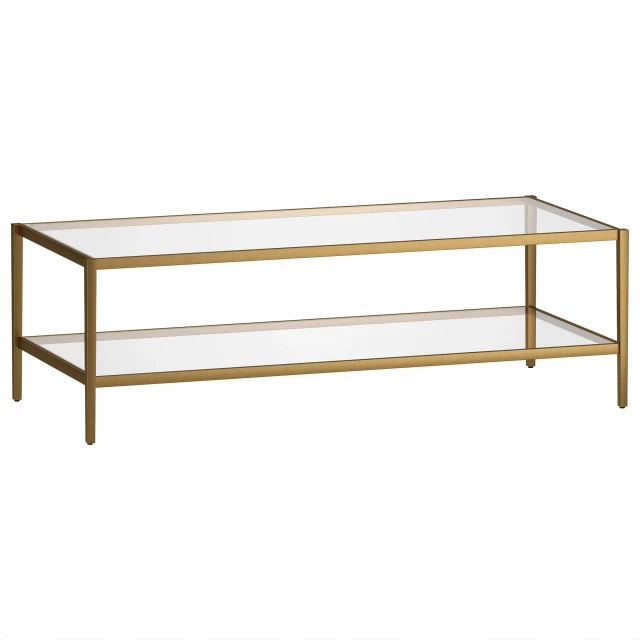 Elegant gold glass steel coffee table with lower shelf and hardwood finish