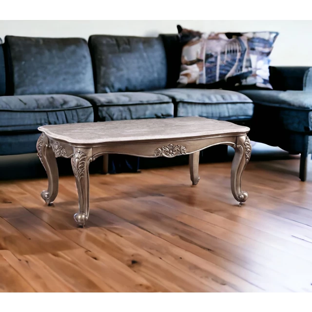 Marble solid manufactured wood coffee table with rectangle shape in interior design setting