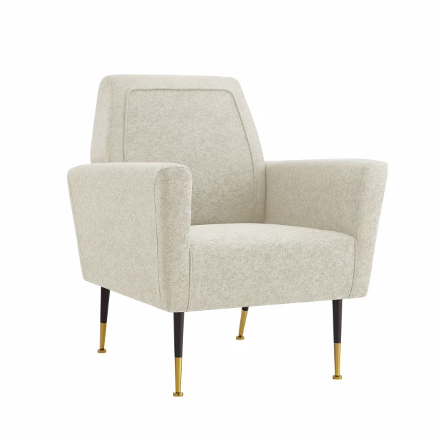 Beige gold linen arm chair with comfortable rectangle cushion and wooden armrests