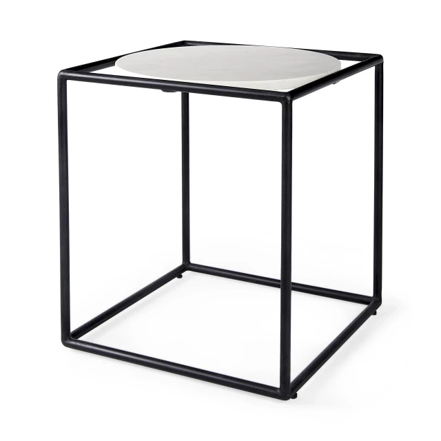 Marble black metal geometric side table in a modern outdoor furniture setting