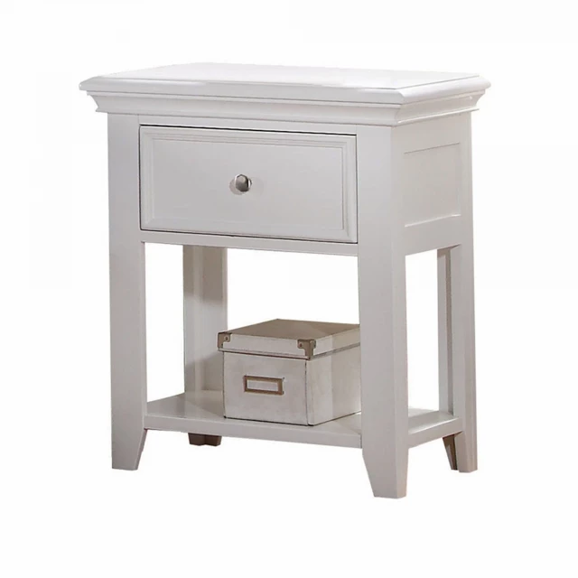White drawer nightstand with hardwood cabinetry and rectangle table design