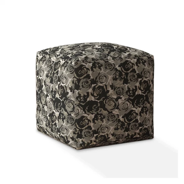 Beige canvas floral pouf ottoman with patterned motif in home decor