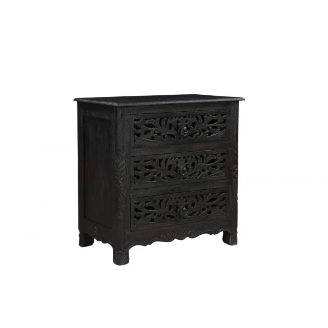 Solid wood nightstand with floral carving and metal drawer pulls