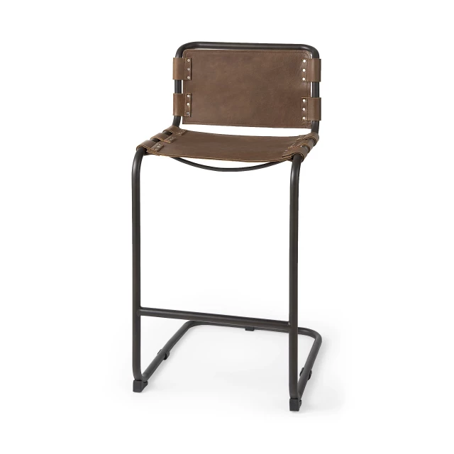 Brown leather steel bar chair with armrests and wood metal accents